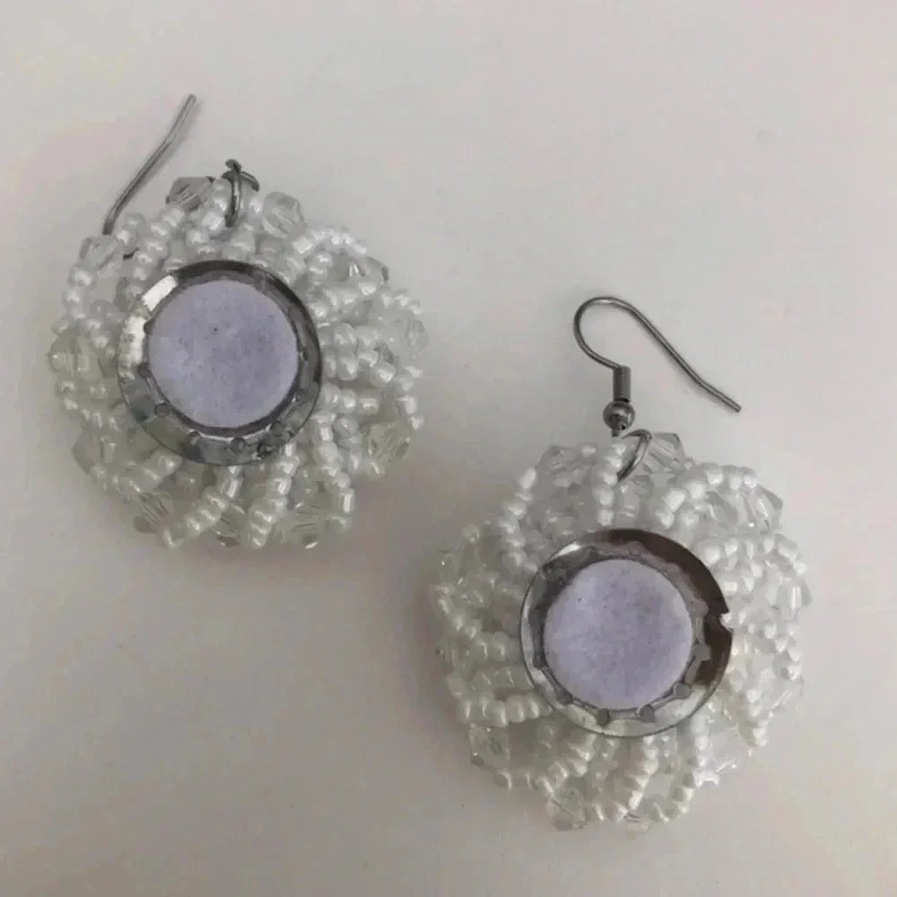 White Flower Seed Bead Handmade Drop Earrings - Picture 3 of 4